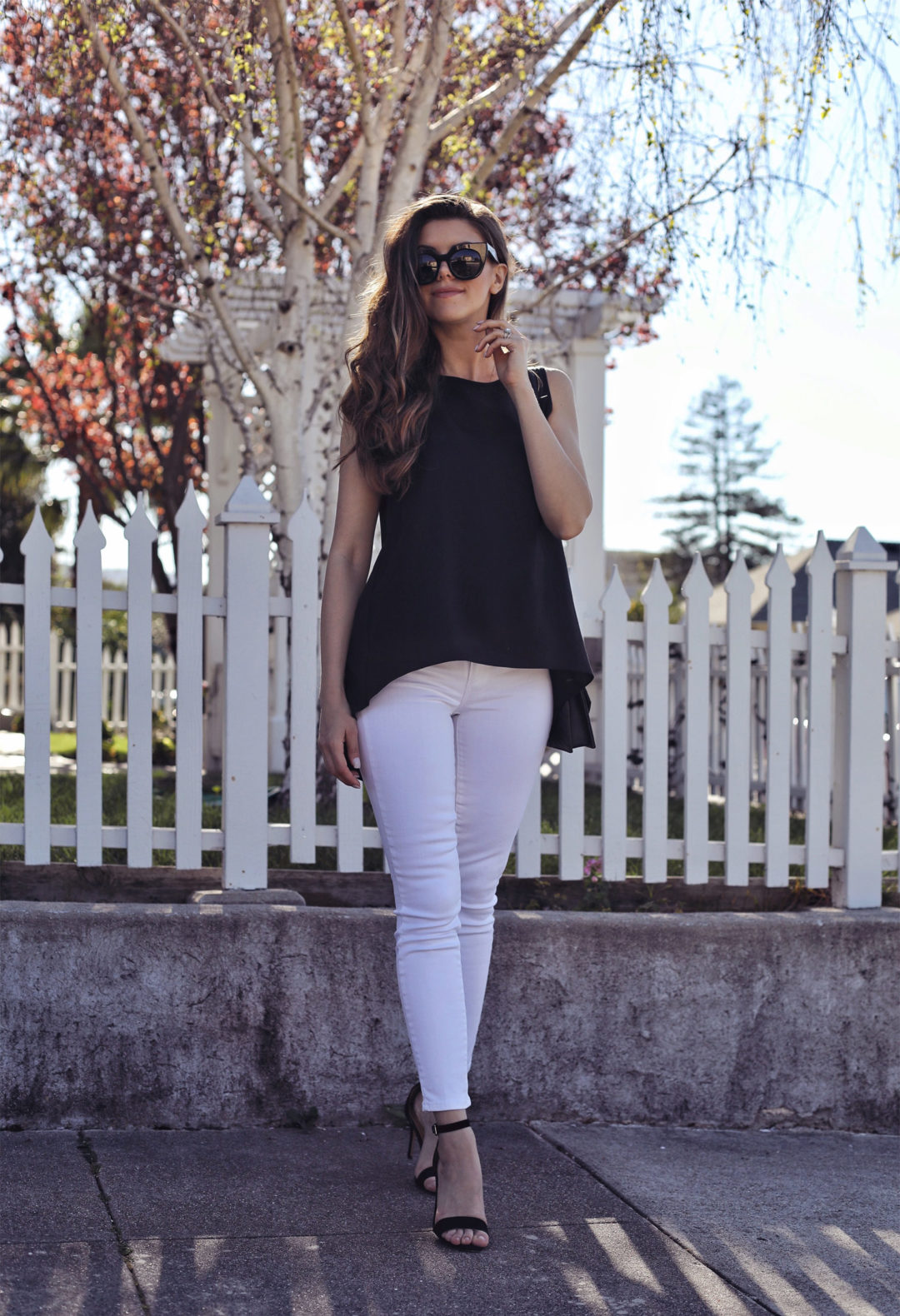 black top white jeans outfit