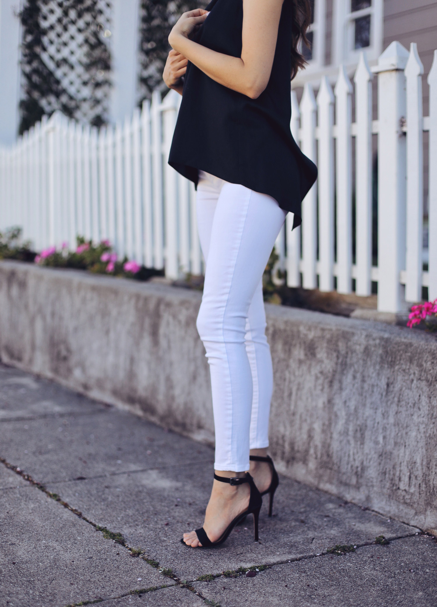 black top with white jeans